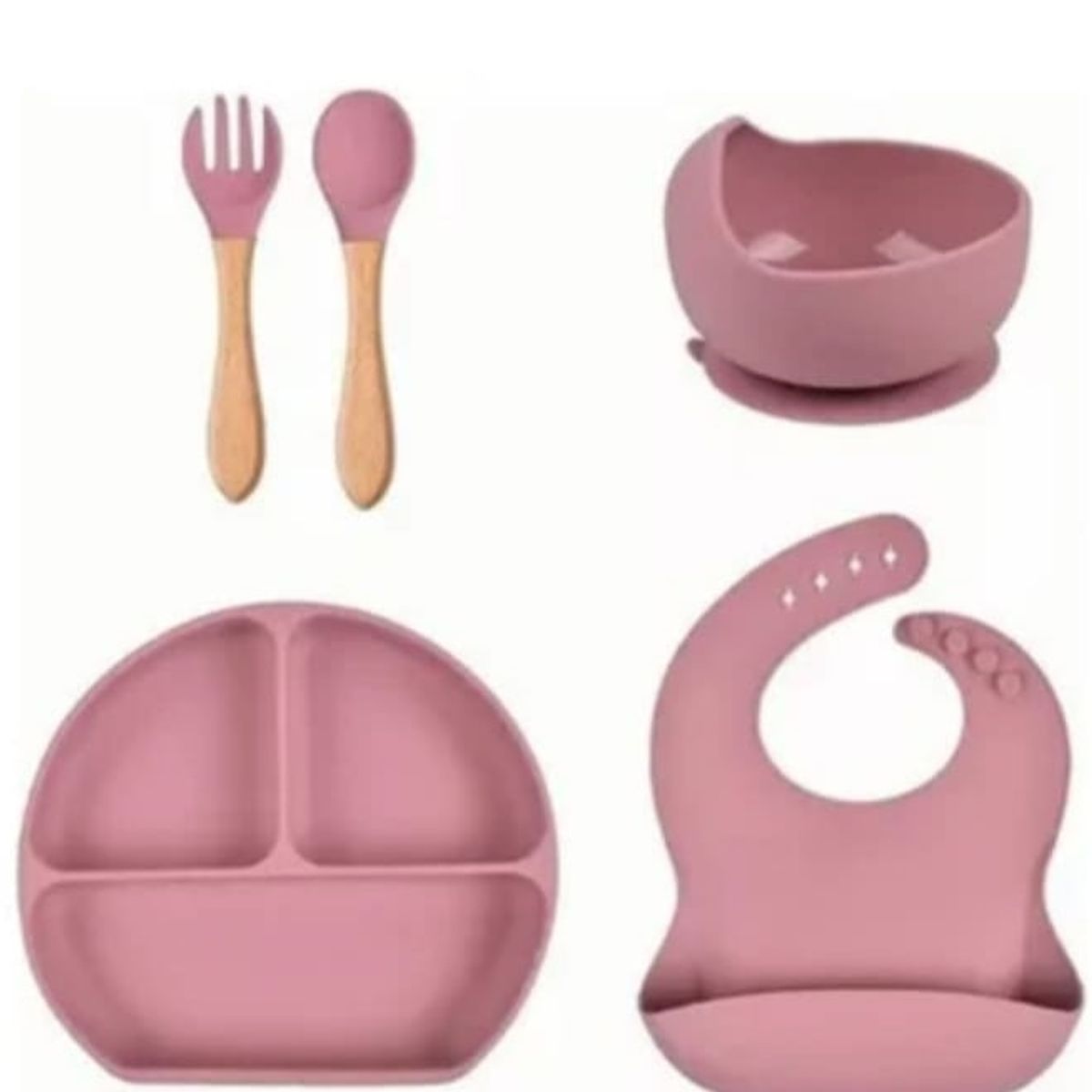 GENERICO - Vajillas para bebe cucharatenedor y babero silicona rosado