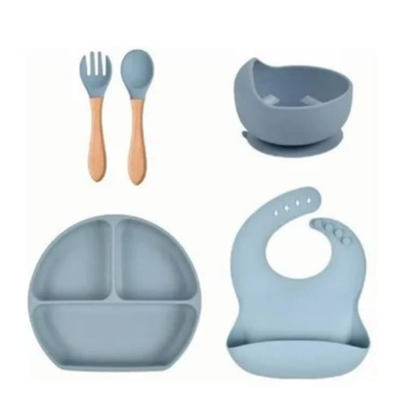 GENERICO - Vajillas para bebe cucharatenedor y babero silicona azul