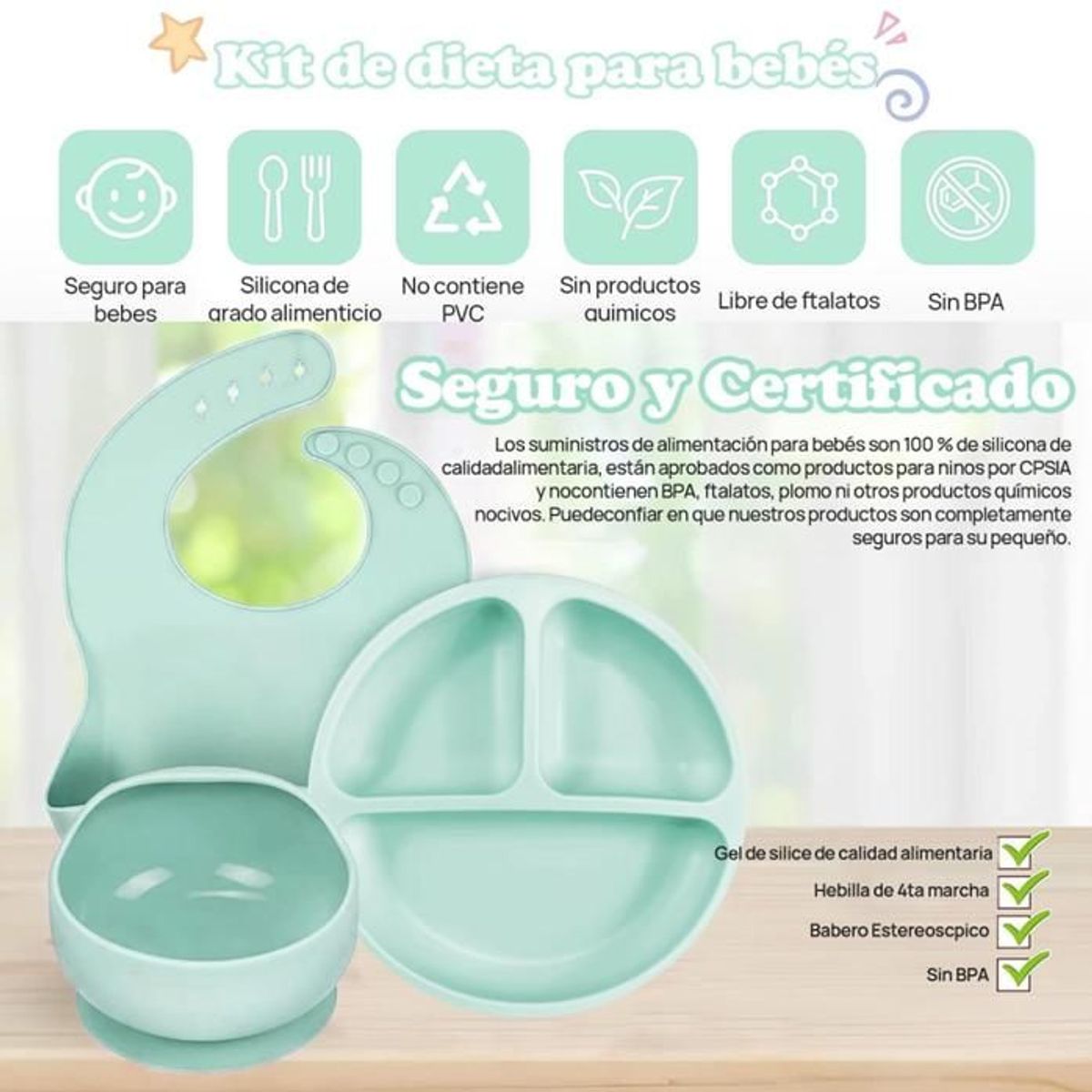 GENERICO - Vajillas para bebe cuchara,  babero y vaso  silicona azul