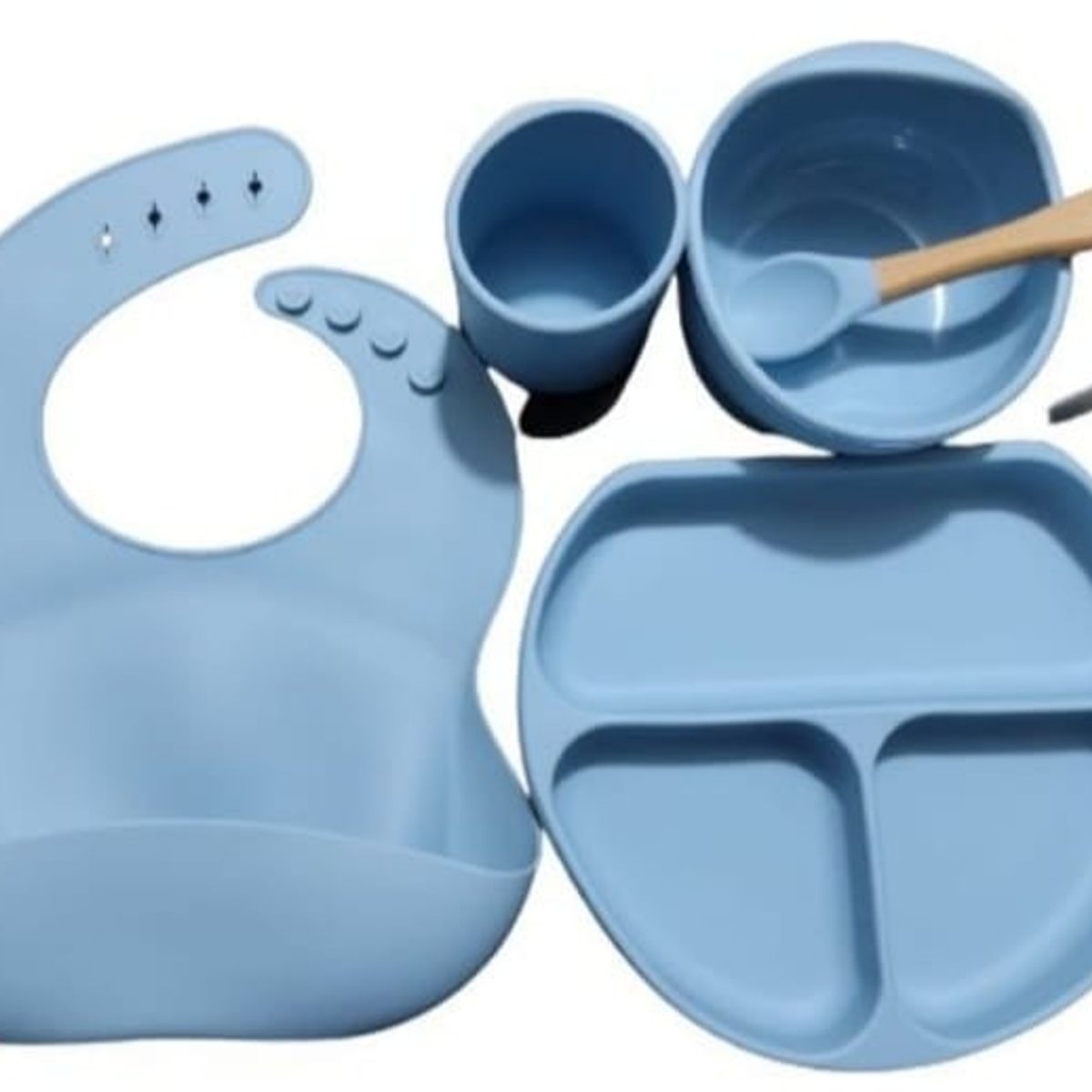 GENERICO - Vajillas para bebe cuchara,  babero y vaso  silicona azul