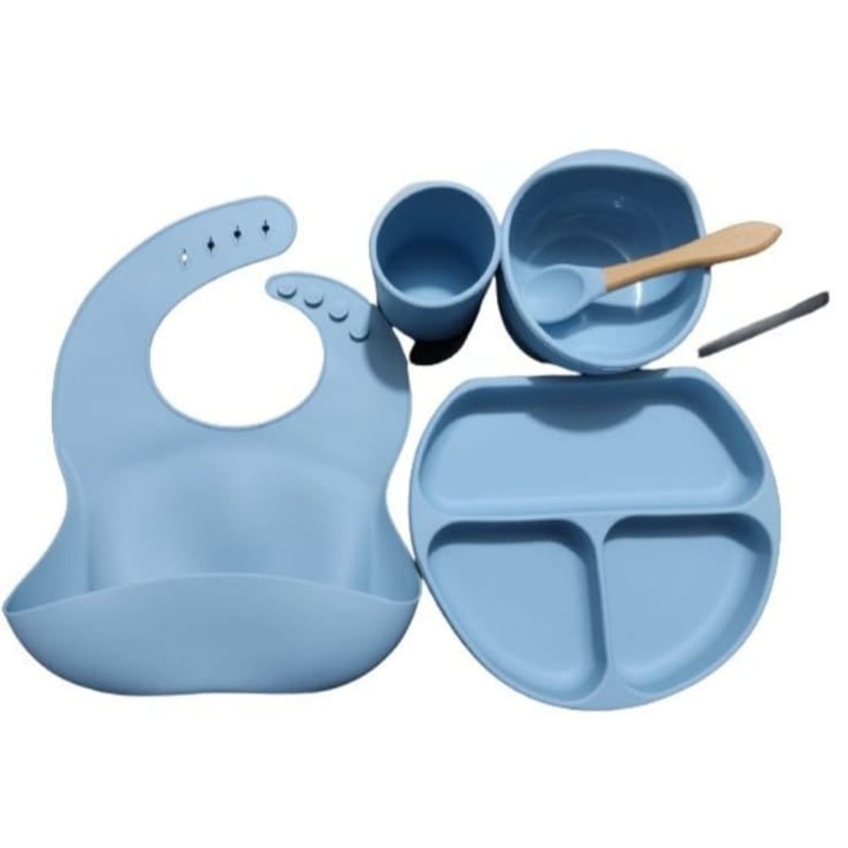 GENERICO - Vajillas para bebe cuchara,  babero y vaso  silicona azul