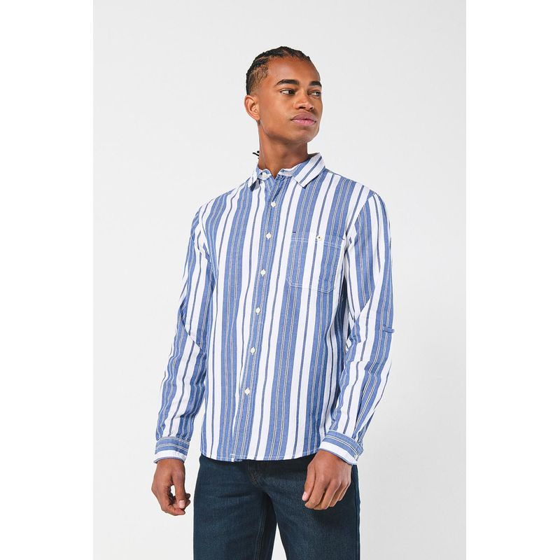 KOAJ - KOAJ Camisa cuello sport collar azul a rayas con manga larga HOMBRE