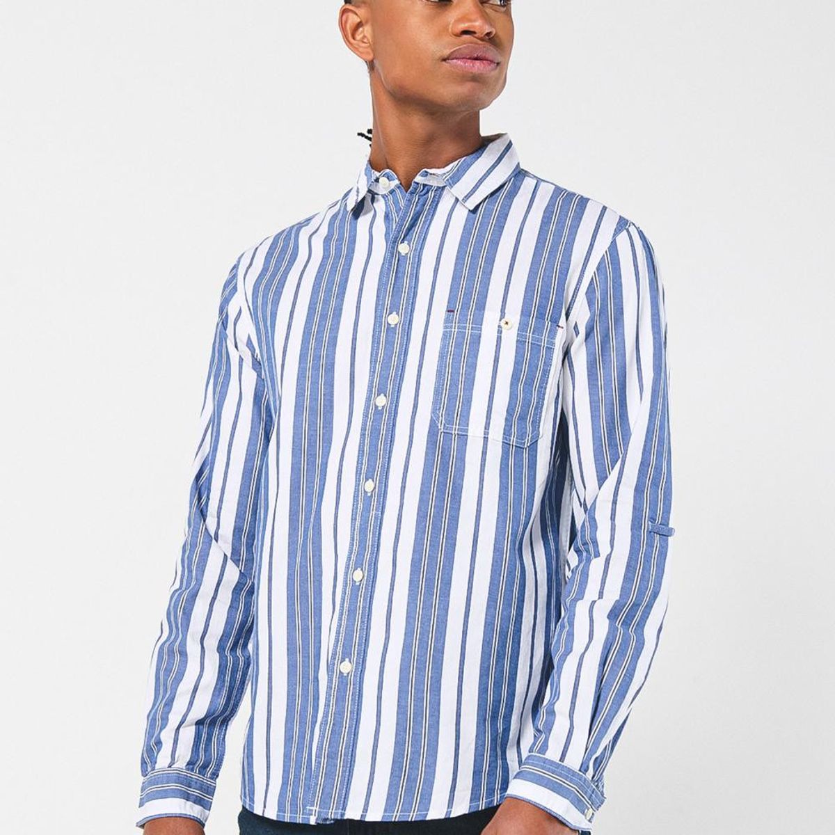 KOAJ - KOAJ Camisa cuello sport collar azul a rayas con manga larga Hombre