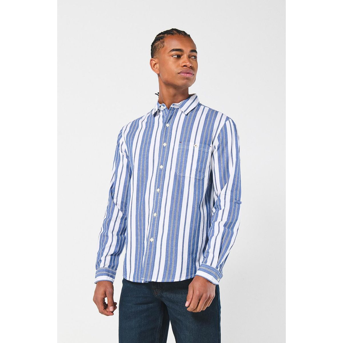 KOAJ - KOAJ Camisa cuello sport collar azul a rayas con manga larga Hombre