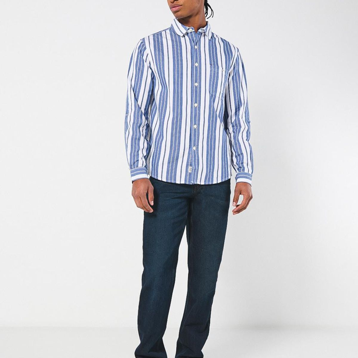 KOAJ - KOAJ Camisa cuello sport collar azul a rayas con manga larga Hombre