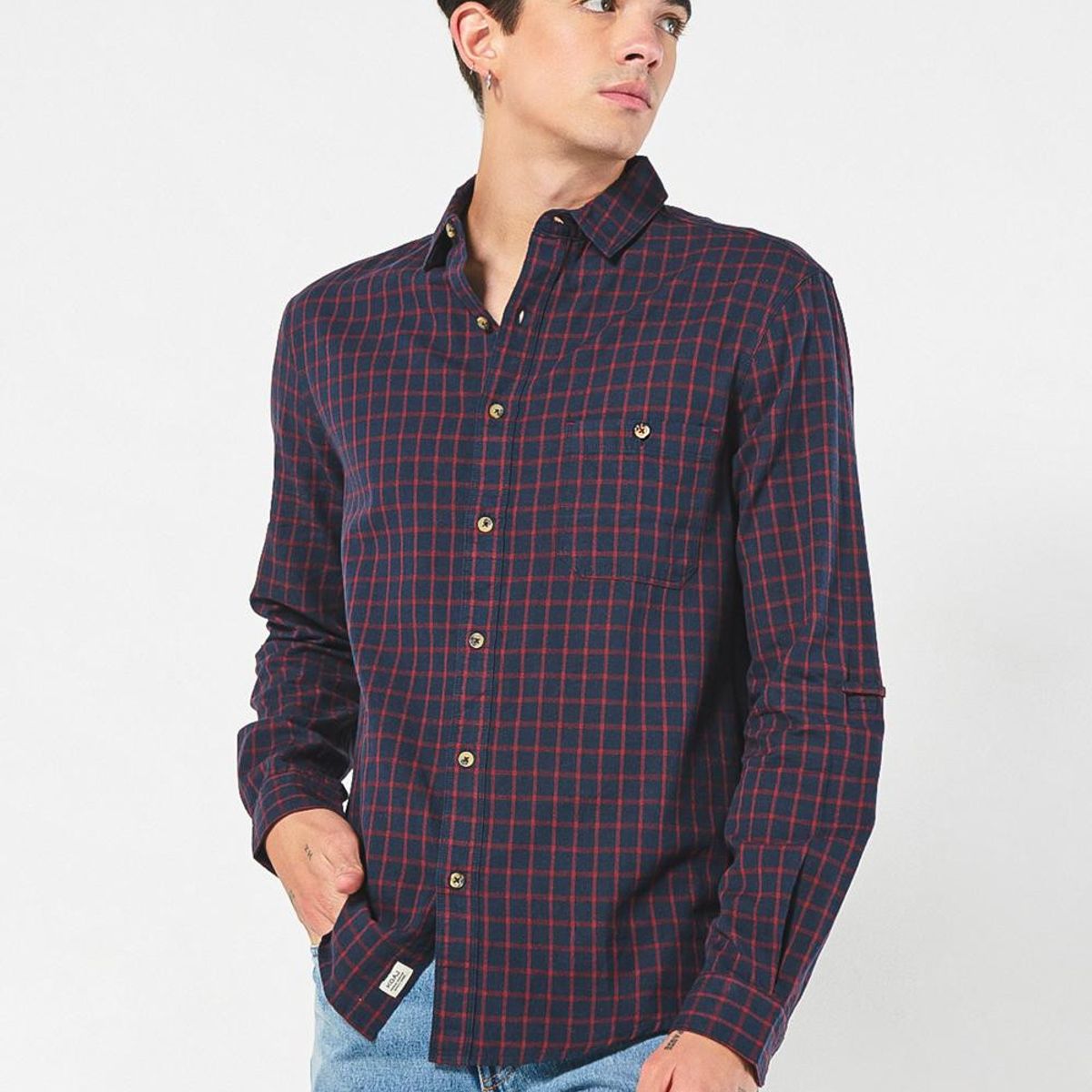 KOAJ - KOAJ Camisa manga larga unicolor a cuadros con bolsillo Hombre