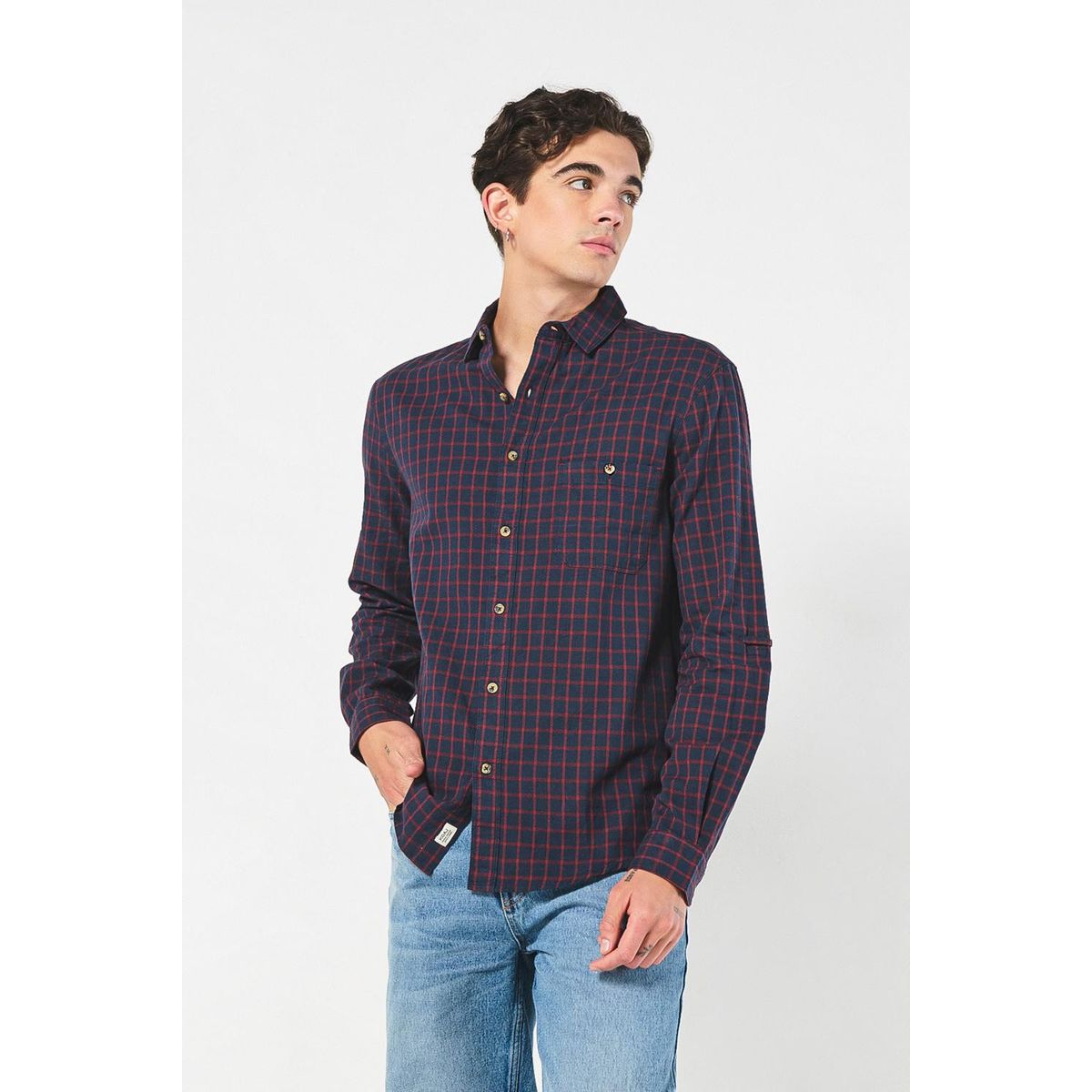 KOAJ - KOAJ Camisa manga larga unicolor a cuadros con bolsillo Hombre