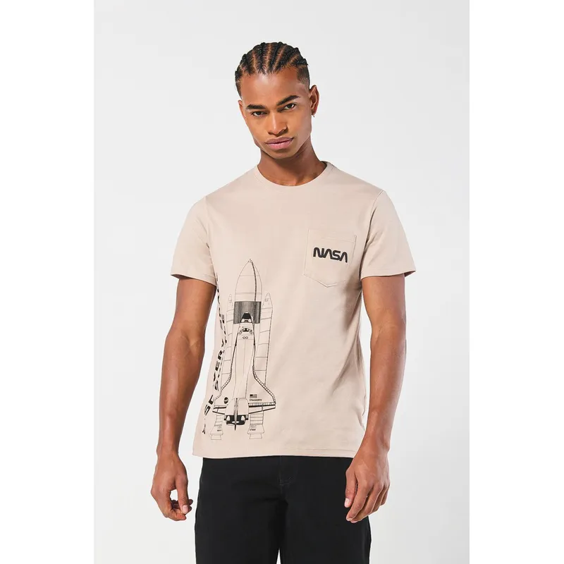 KOAJ - KOAJ Camiseta kaki clara de NASA con manga corta y bolsillo
