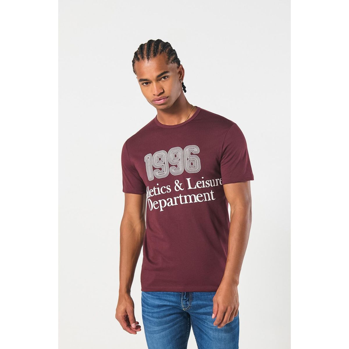 KOAJ - KOAJ Camiseta roja oscura cuello redondo con estampado colle Hombre