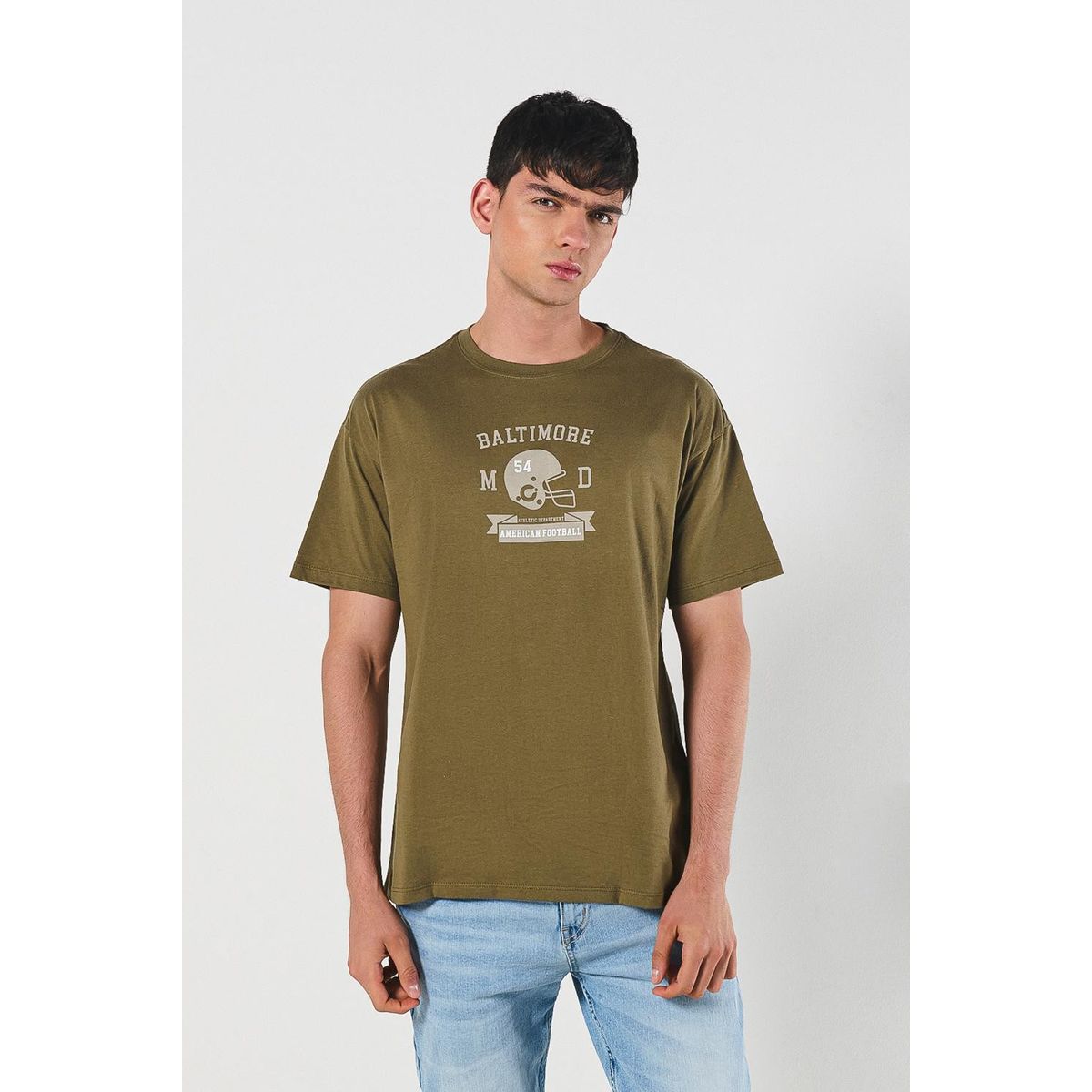 KOAJ - KOAJ Camiseta manga corta verde oscura con arte college dep Hombre