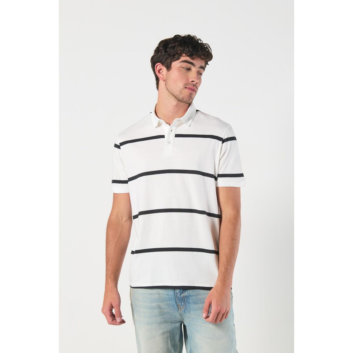 KOAJ - KOAJ Camiseta a rayas polo crema clara con manga corta Hombre