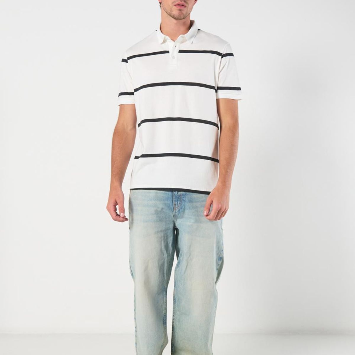 KOAJ - KOAJ Camiseta a rayas polo crema clara con manga corta Hombre