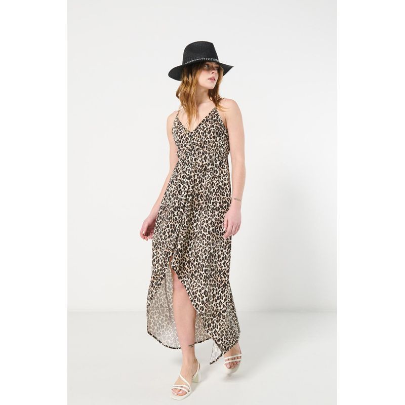 KOAJ - KOAJ Vestido kaki largo estampado con tiras ajustables y abert MUJER