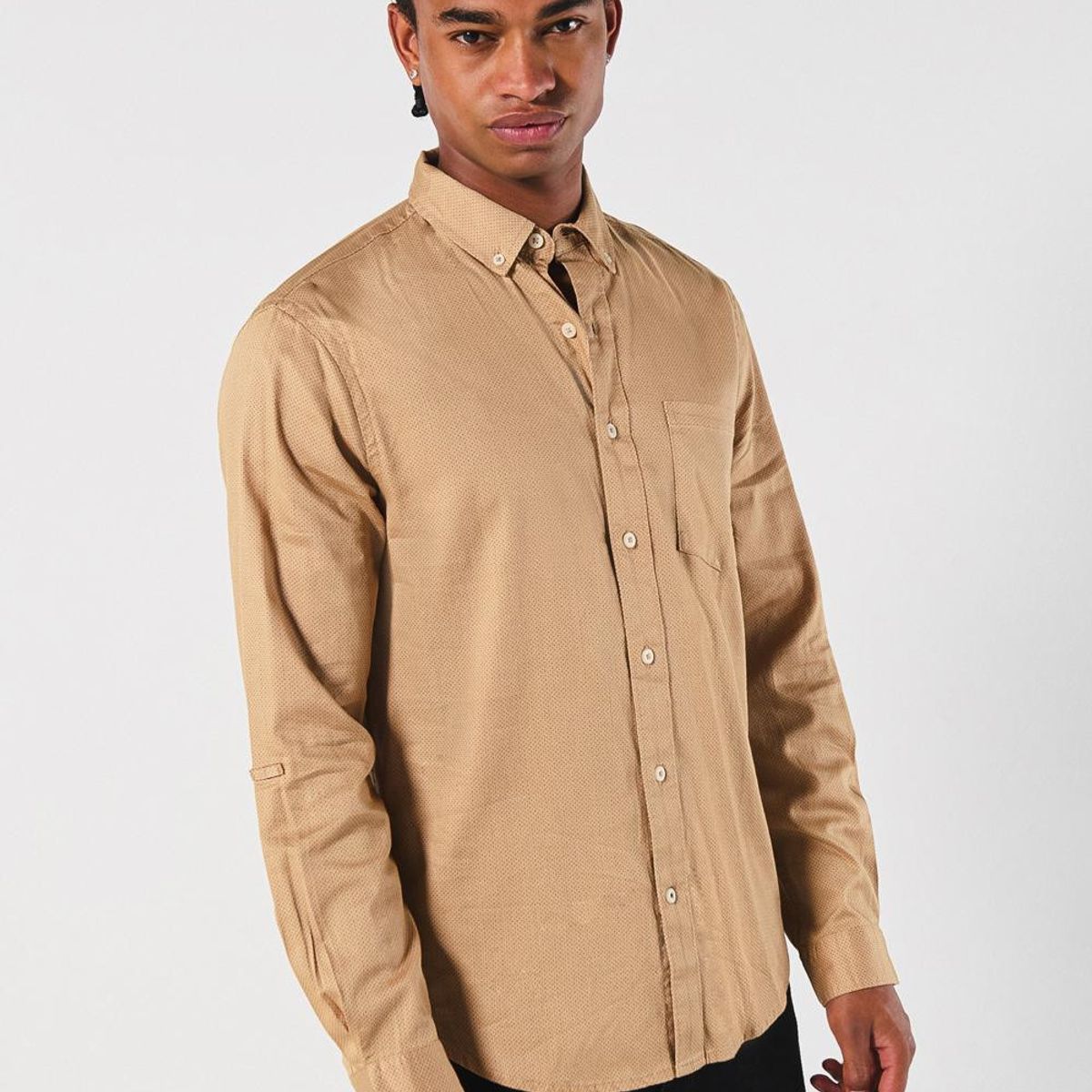 KOAJ - KOAJ Camisa kaki con cuello button down y diseños en mini p Hombre
