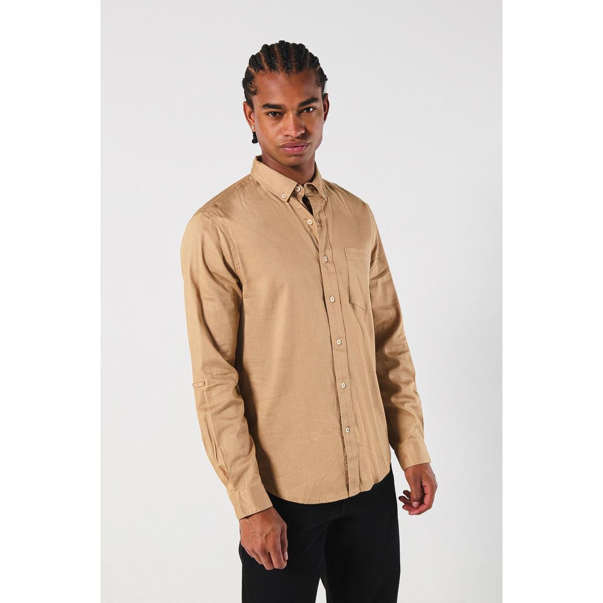 KOAJ - KOAJ Camisa kaki con cuello button down y diseños en mini p Hombre