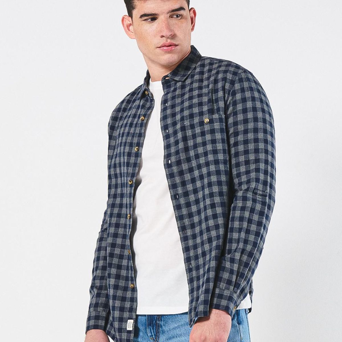 KOAJ - KOAJ Camisa unicolor manga larga con cuadros y botones Hombre