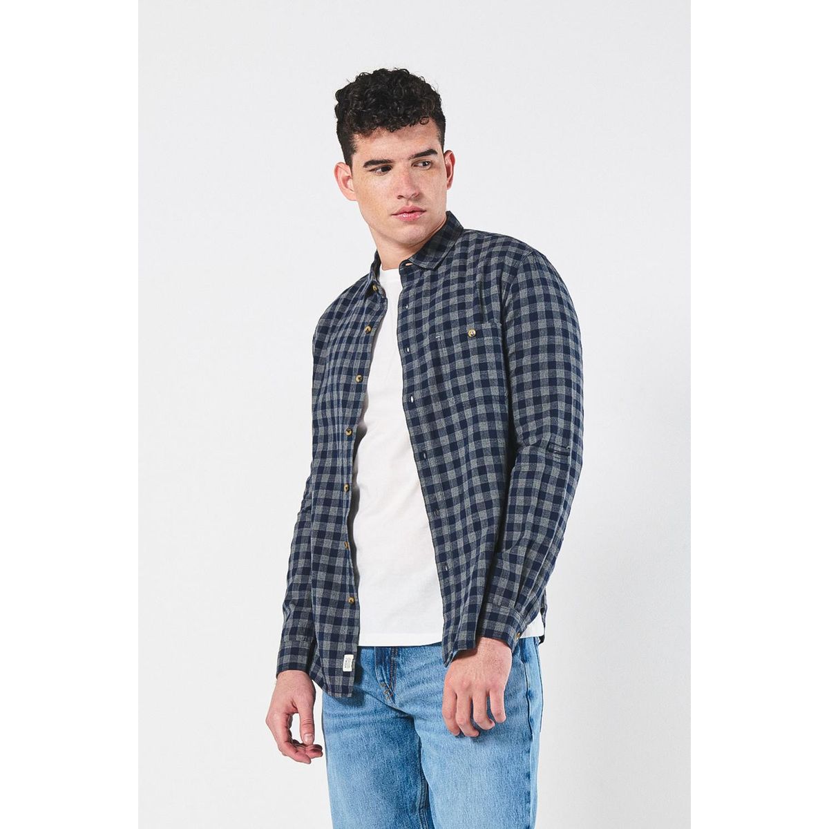 KOAJ - KOAJ Camisa unicolor manga larga con cuadros y botones Hombre