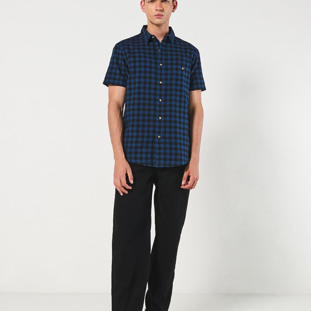 KOAJ - KOAJ Camisa a cuadros unicolor con bolsillo y manga corta Hombre