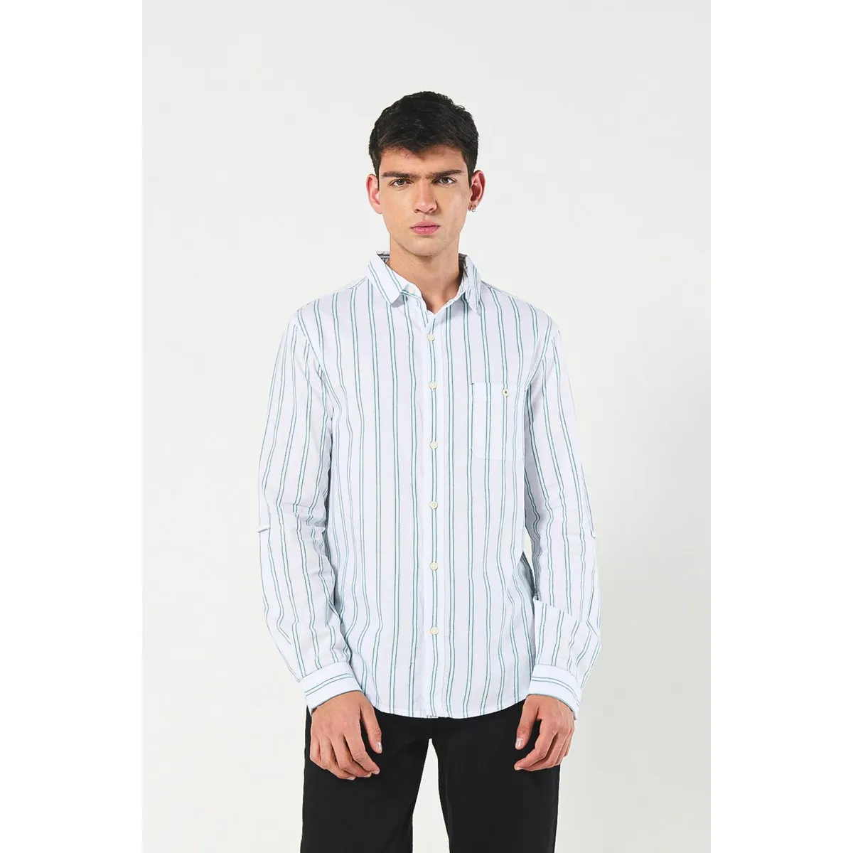 KOAJ - KOAJ Camisa crema clara a rayas en algodón con manga larga Hombre