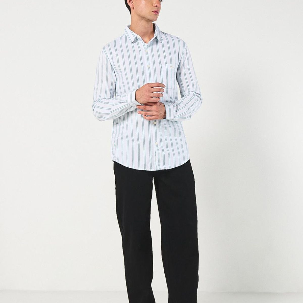 KOAJ - KOAJ Camisa crema clara a rayas en algodón con manga larga Hombre