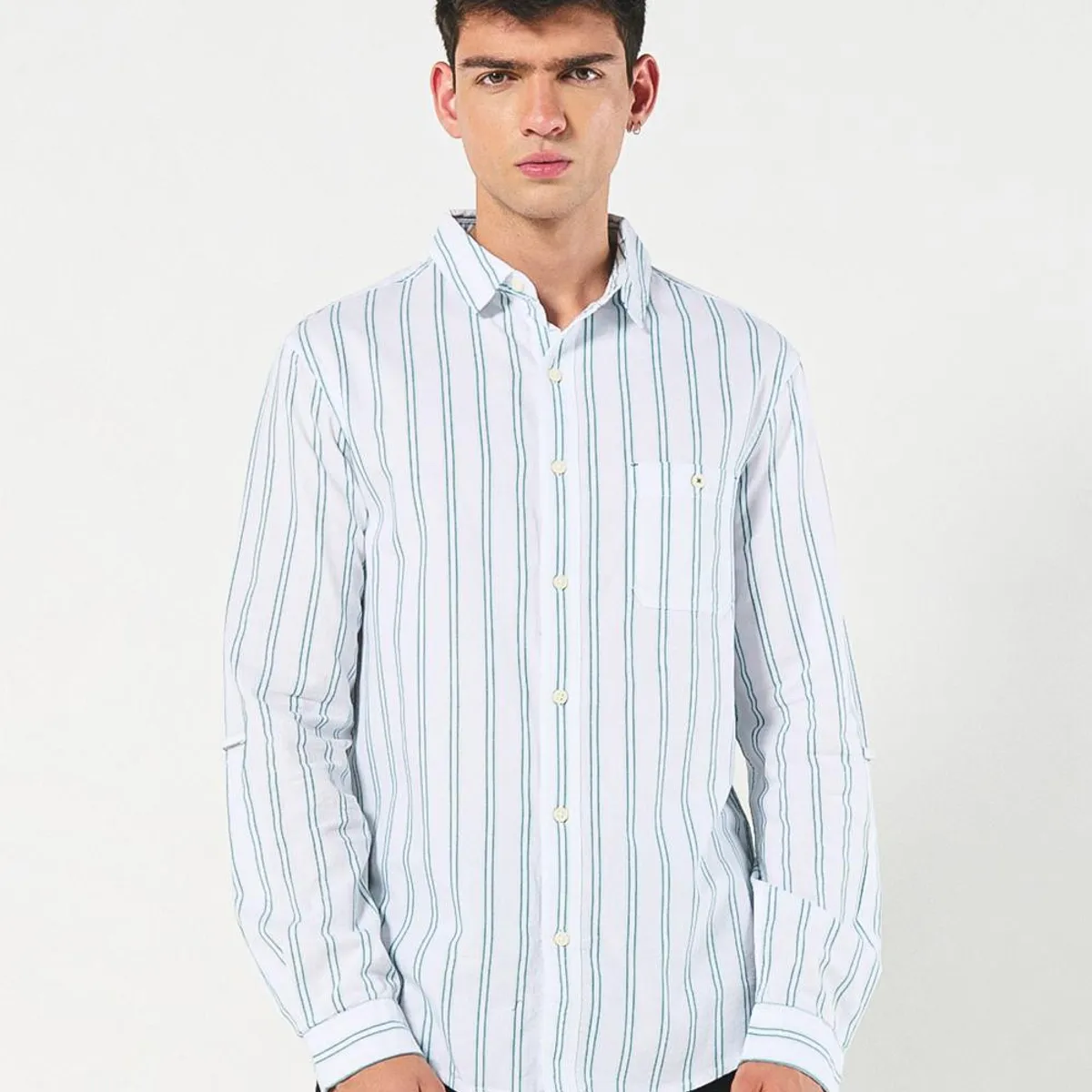 KOAJ - KOAJ Camisa crema clara a rayas en algodón con manga larga Hombre