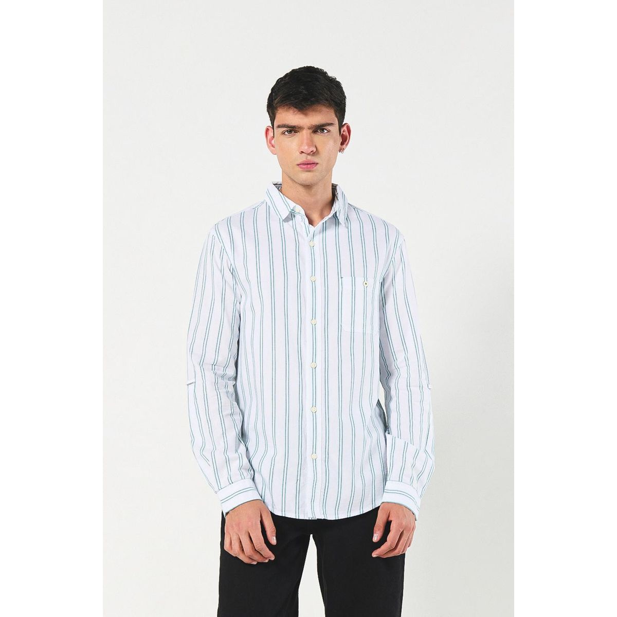 KOAJ - KOAJ Camisa crema clara a rayas en algodón con manga larga Hombre