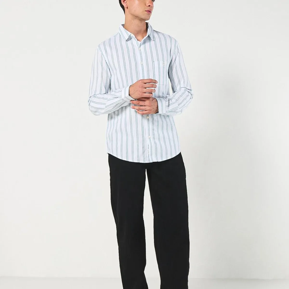 KOAJ - KOAJ Camisa crema clara a rayas en algodón con manga larga Hombre