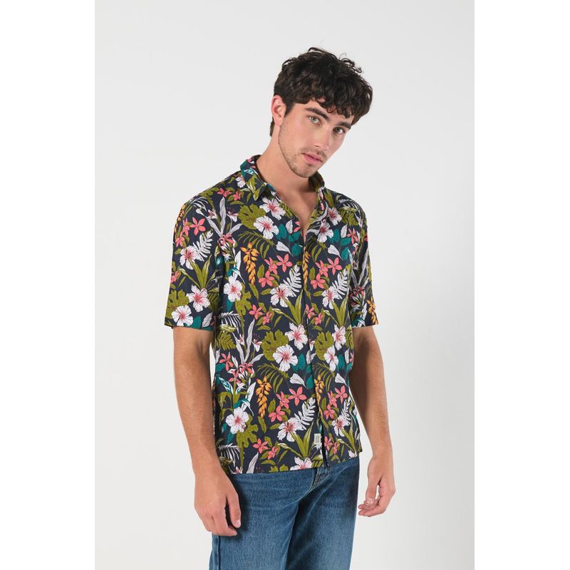 KOAJ - KOAJ Camisa unicolor estampada con manga corta y cuello spor Hombre