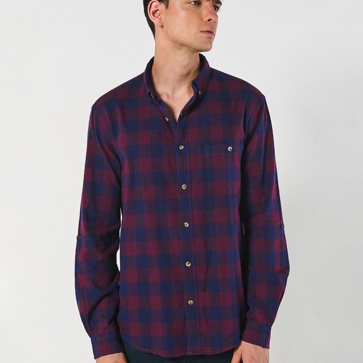 KOAJ - KOAJ Camisa unicolor manga larga a cuadros en algodón Hombre