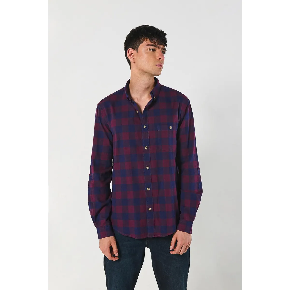 KOAJ - KOAJ Camisa unicolor manga larga a cuadros en algodón Hombre