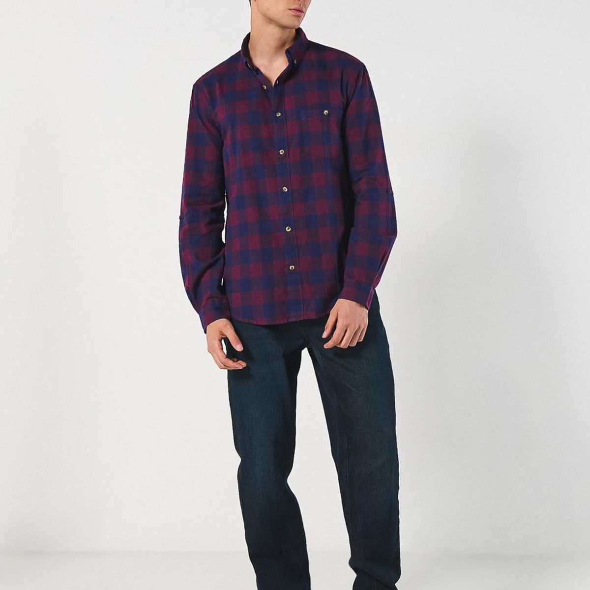 KOAJ - KOAJ Camisa unicolor manga larga a cuadros en algodón Hombre