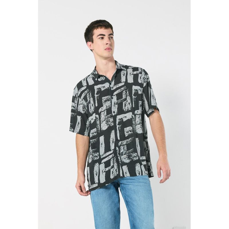 KOAJ - KOAJ Camisa manga corta negra estampada con cuello sport HOMBRE