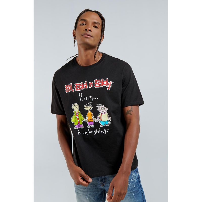 KOAJ - KOAJ Camiseta negra con estampado de Ed, Edd & Eddy y cuello r HOMBRE