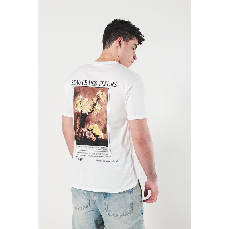 KOAJ - KOAJ Camiseta crema manga corta con diseño artístico de flores HOMBRE