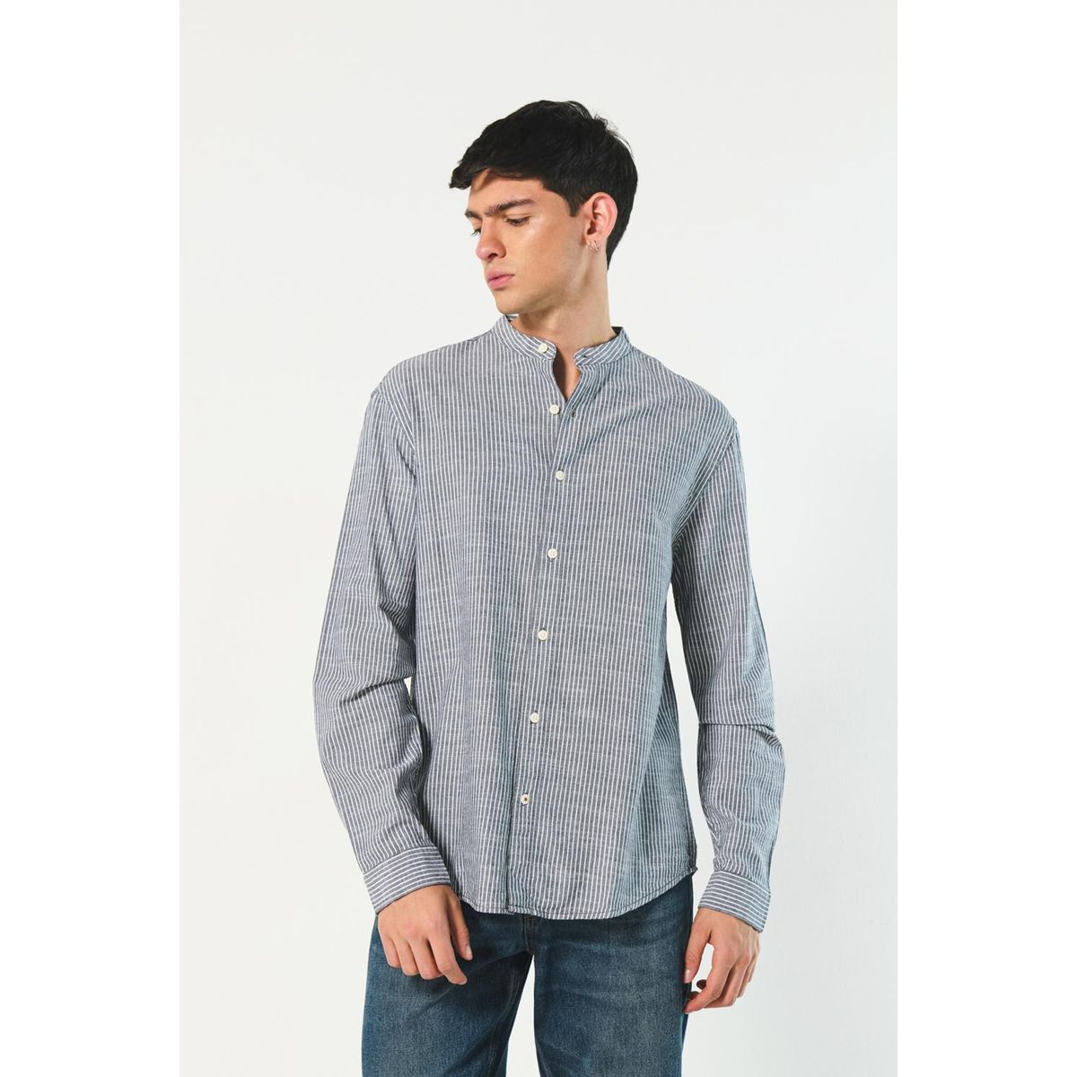 KOAJ - KOAJ Camisa unicolora rayas con cuello nerú y manga larga Hombre