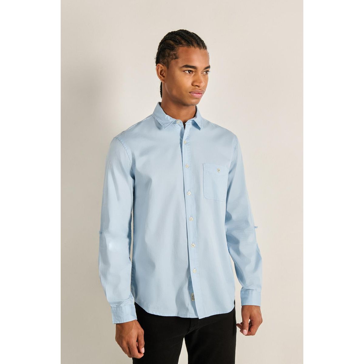 KOAJ - KOAJ Camisa manga larga unicolor con cuello sport y bolsillo Hombre