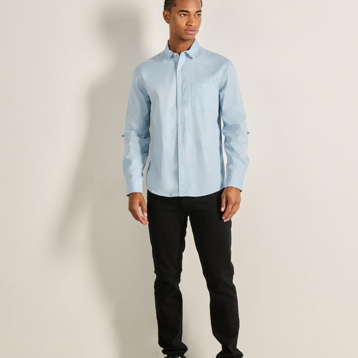 KOAJ - KOAJ Camisa manga larga unicolor con cuello sport y bolsillo Hombre