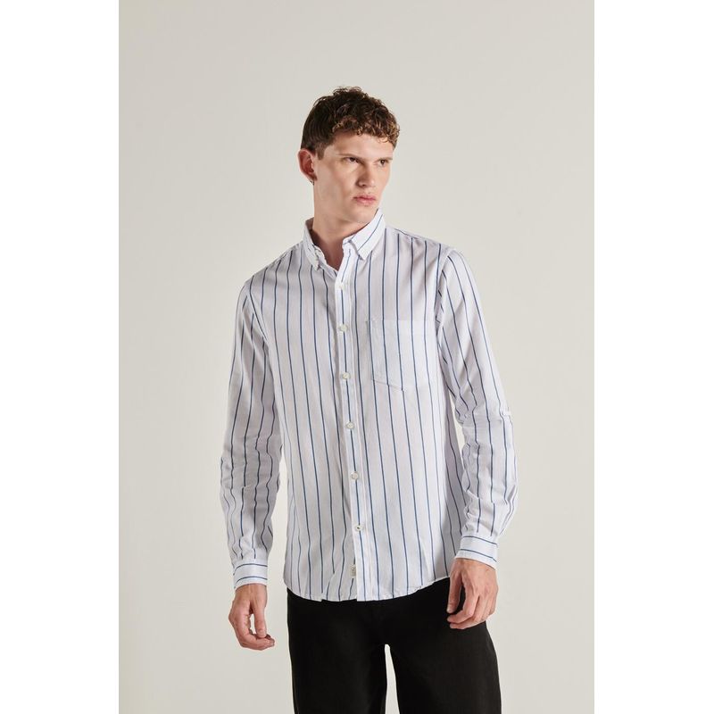 KOAJ - KOAJ Camisa blanca a rayas con cuello button down y manga cort HOMBRE