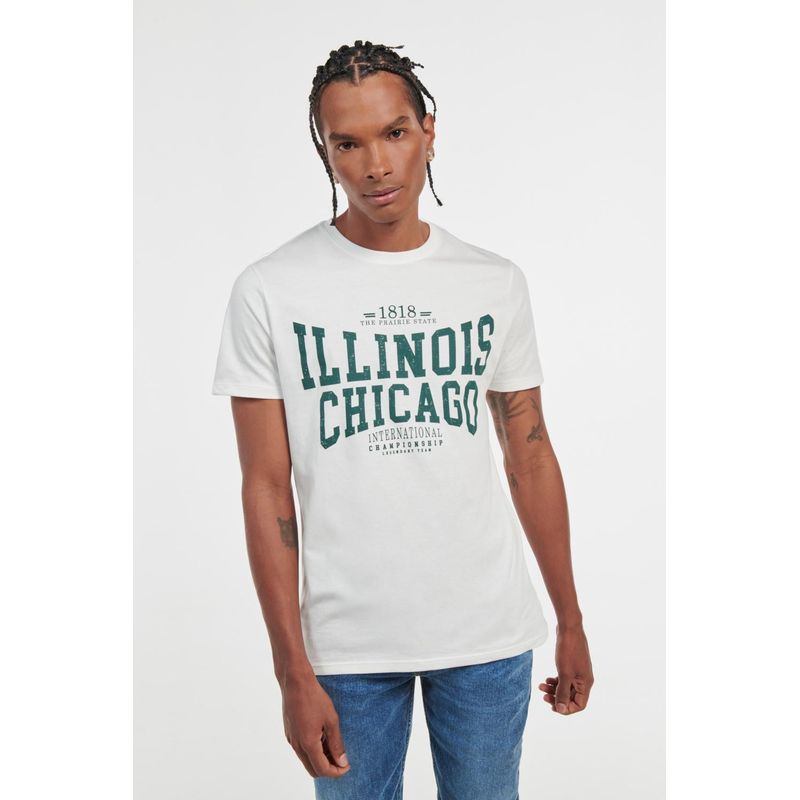 KOAJ - KOAJ Camiseta crema clara con diseño verde college y cuello re HOMBRE