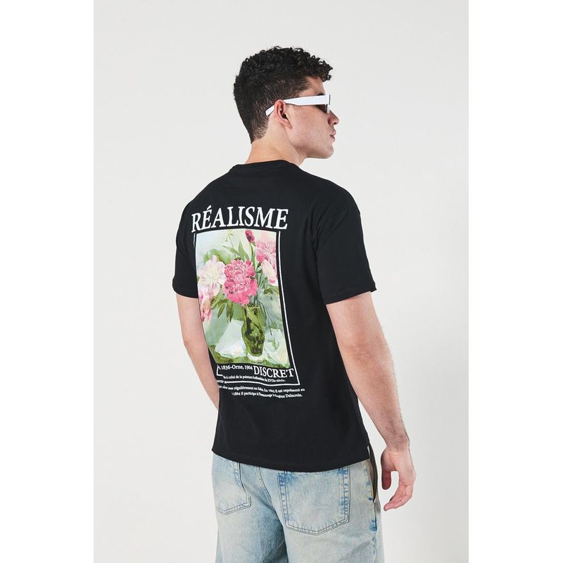 KOAJ - KOAJ Camiseta cuello redondo negra con diseño artístico de flo HOMBRE