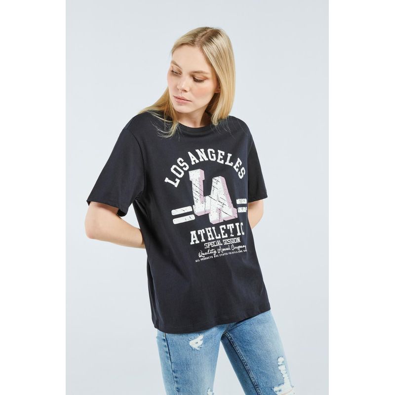 KOAJ - KOAJ Camiseta azul intensa oversize con cuello redondo y diseñ MUJER