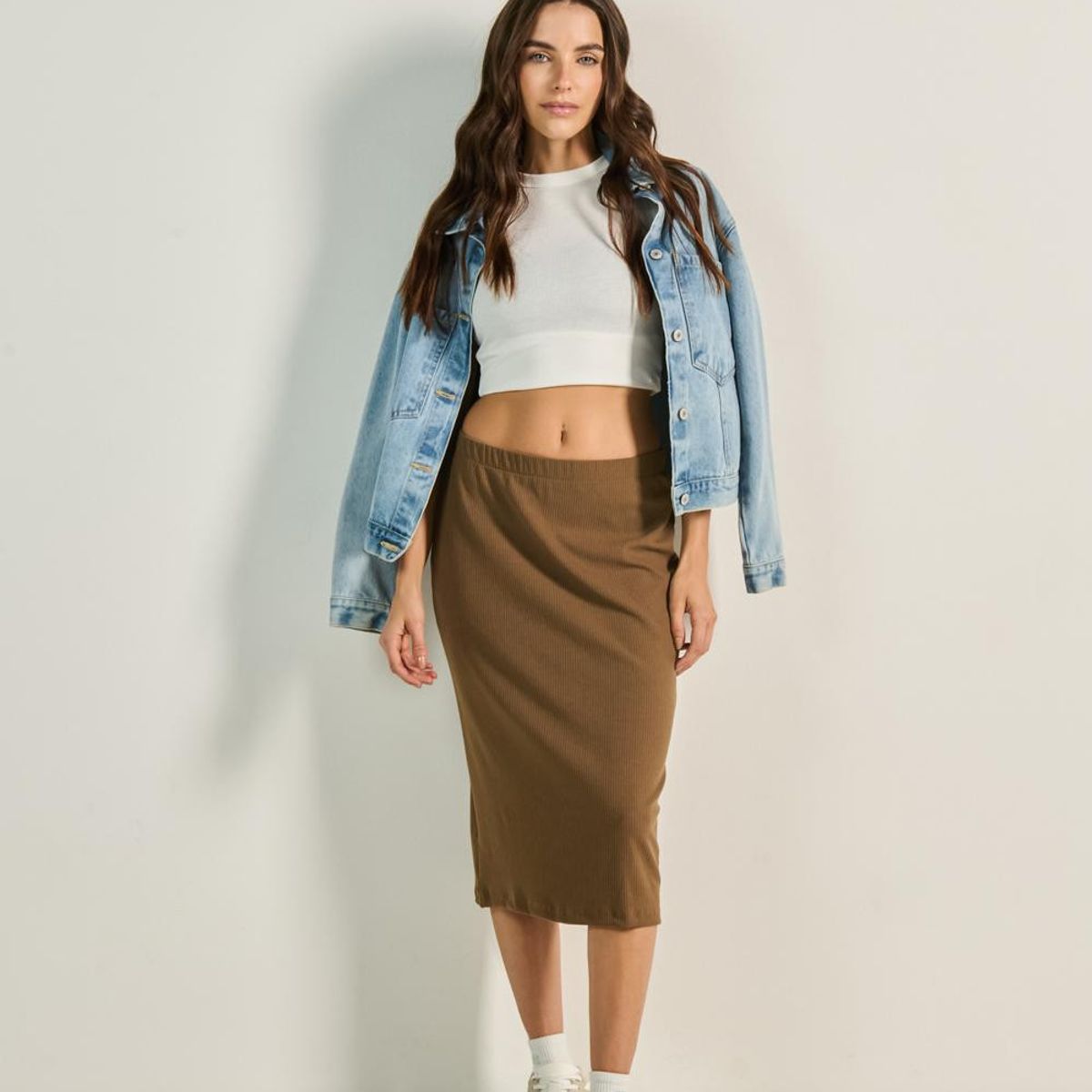 KOAJ - KOAJ Falda larga unicolor con tiro alto y texturas acanalad Mujer