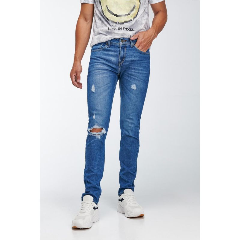 KOAJ - KOAJ Jean slim azul oscuro tiro bajo con rotos localizados HOMBRE