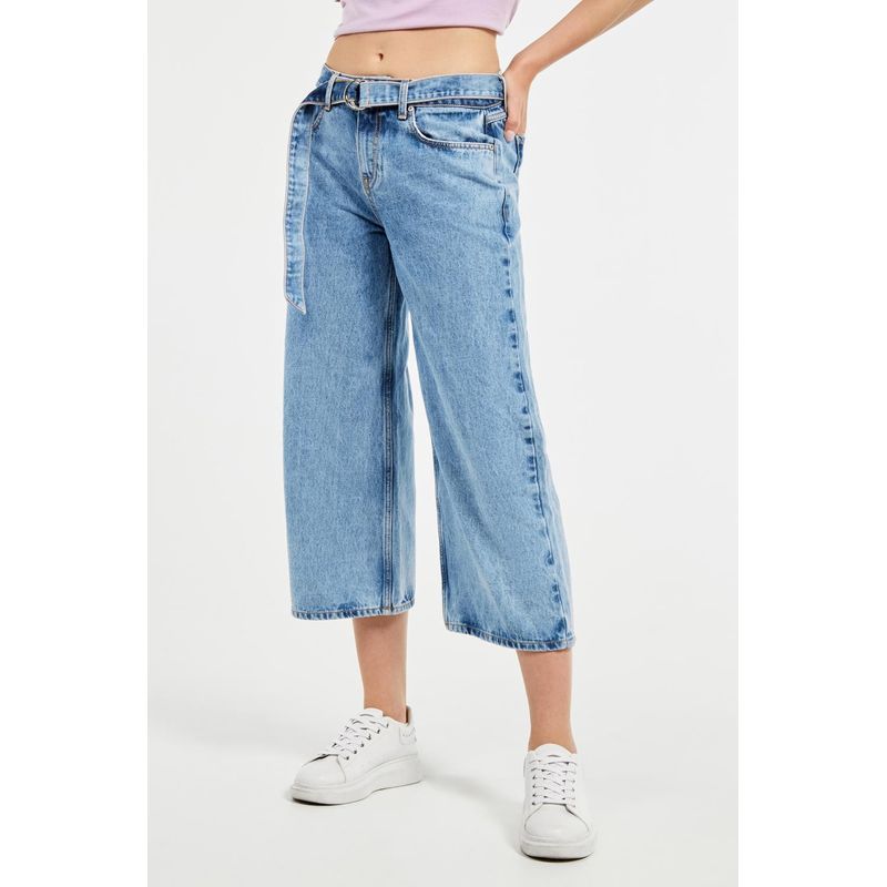 KOAJ - KOAJ Jean culotte azul claro con cinturón, tiro alto y bota an MUJER