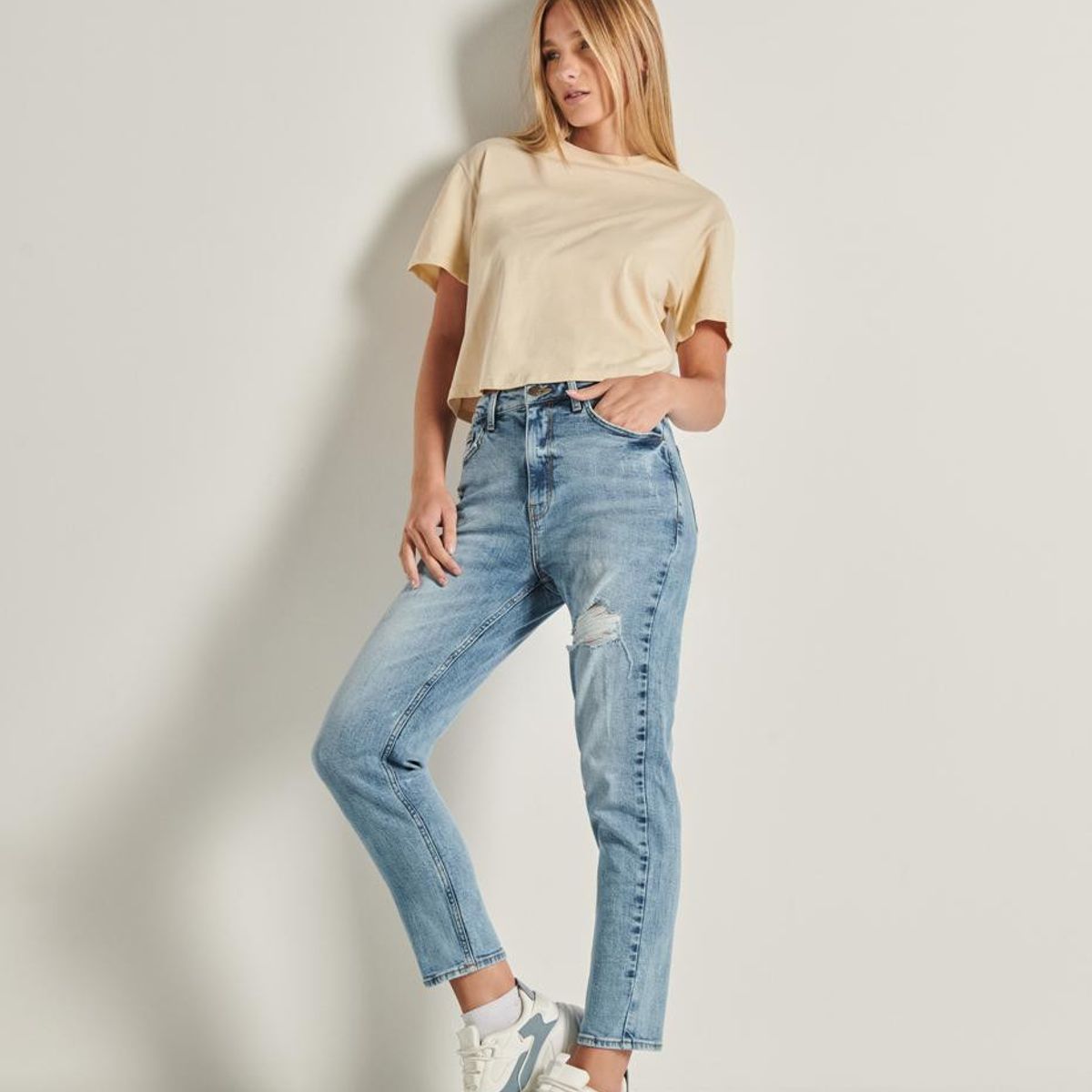 KOAJ - KOAJ Jean mom fit tiro super alto azul medio Mujer