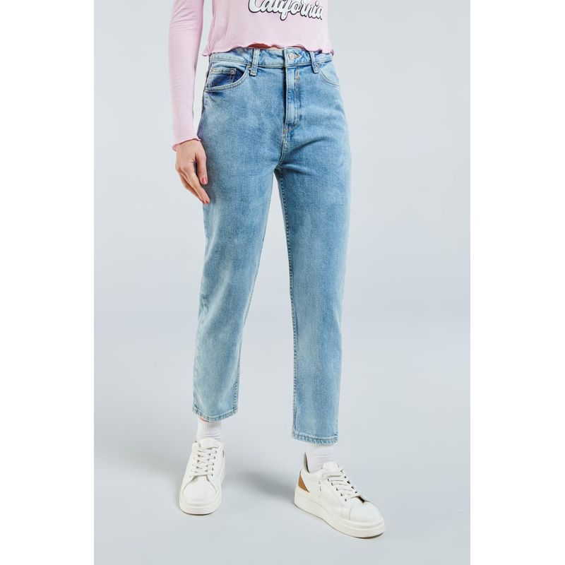 KOAJ - KOAJ Jean mom azul claro con desgastes de color y bota recta MUJER