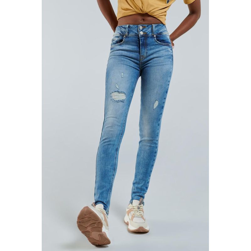 KOAJ - KOAJ Jean push up tiro alto azul medio claro con rotos. Mujer