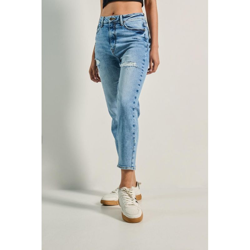 KOAJ - KOAJ Jean mom azul claro con rotos y bota recta corta