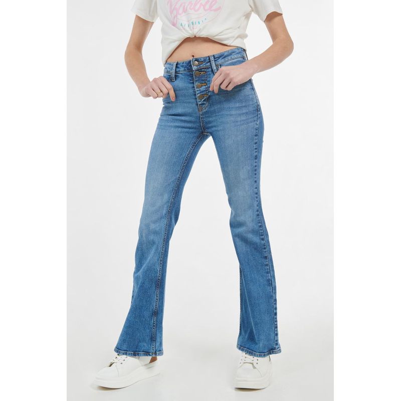 KOAJ - KOAJ Jean flare azul claro con tiro alto, bota ancha y botones MUJER
