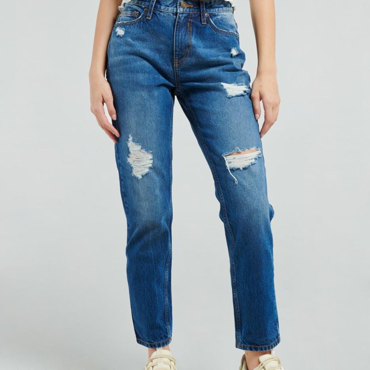 KOAJ - KOAJ Jean boy friend tiro alto azul oscuro sin rotos. Mujer